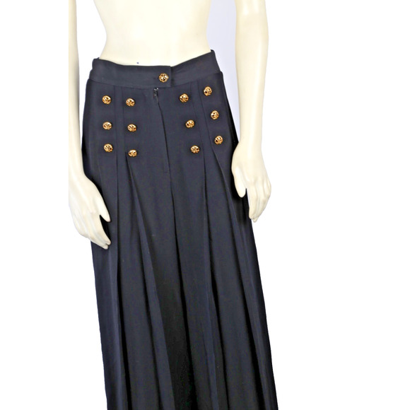 Vintage Black High Elastic Waist Wide Leg Dress Pants Gold Button Trousers Sz 4 - Picture 14 of 16